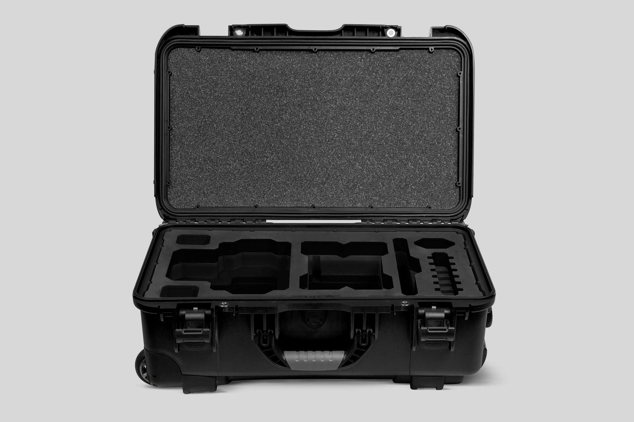 Front view of a Red Raptor-X Black Color Carry-on Case with Custom Black Foam Insert