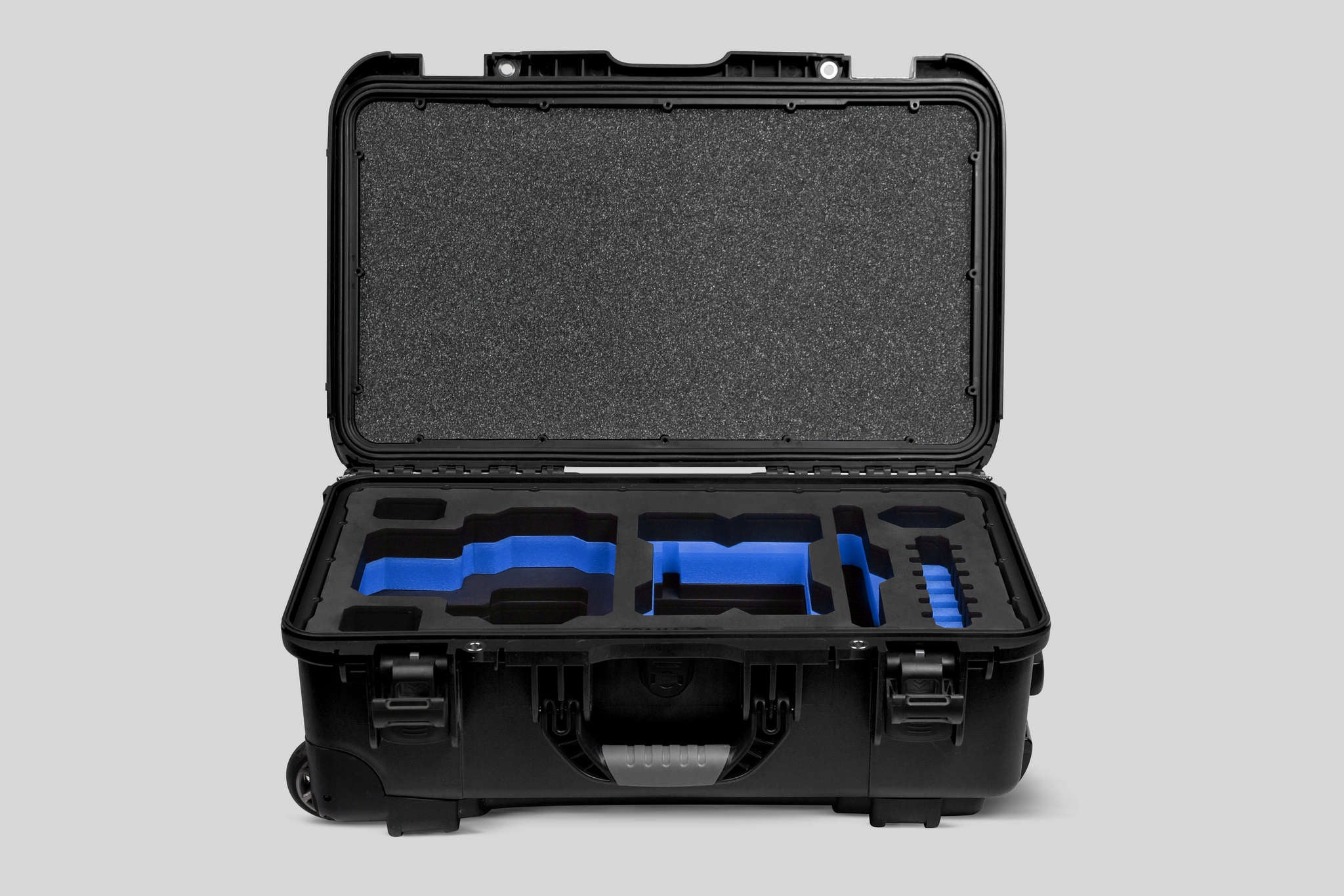 Front view of a Red Raptor-X Black Color Carry-on Case with Custom Blue Foam Insert