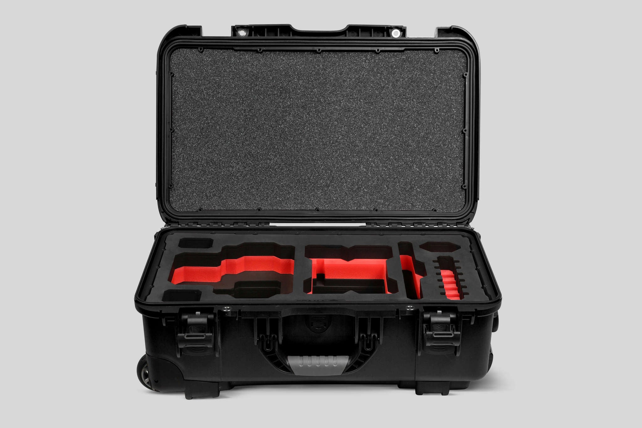 Front view of a Red Raptor-X Black Color Carry-on Case with Custom Red Foam Insert