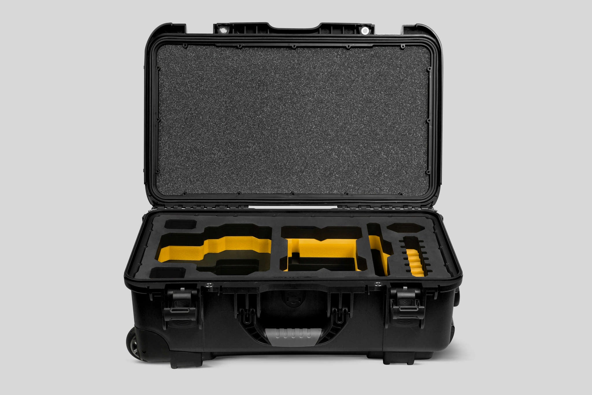 Front view of a Red Raptor-X Black Color Carry-on Case with Custom Yellow Foam Insert