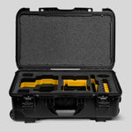 Front view of a Red Raptor-X Black Color Carry-on Case with Custom Yellow Foam Insert