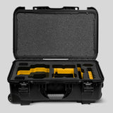 Front view of a Red Raptor-X Black Color Carry-on Case with Custom Yellow Foam Insert