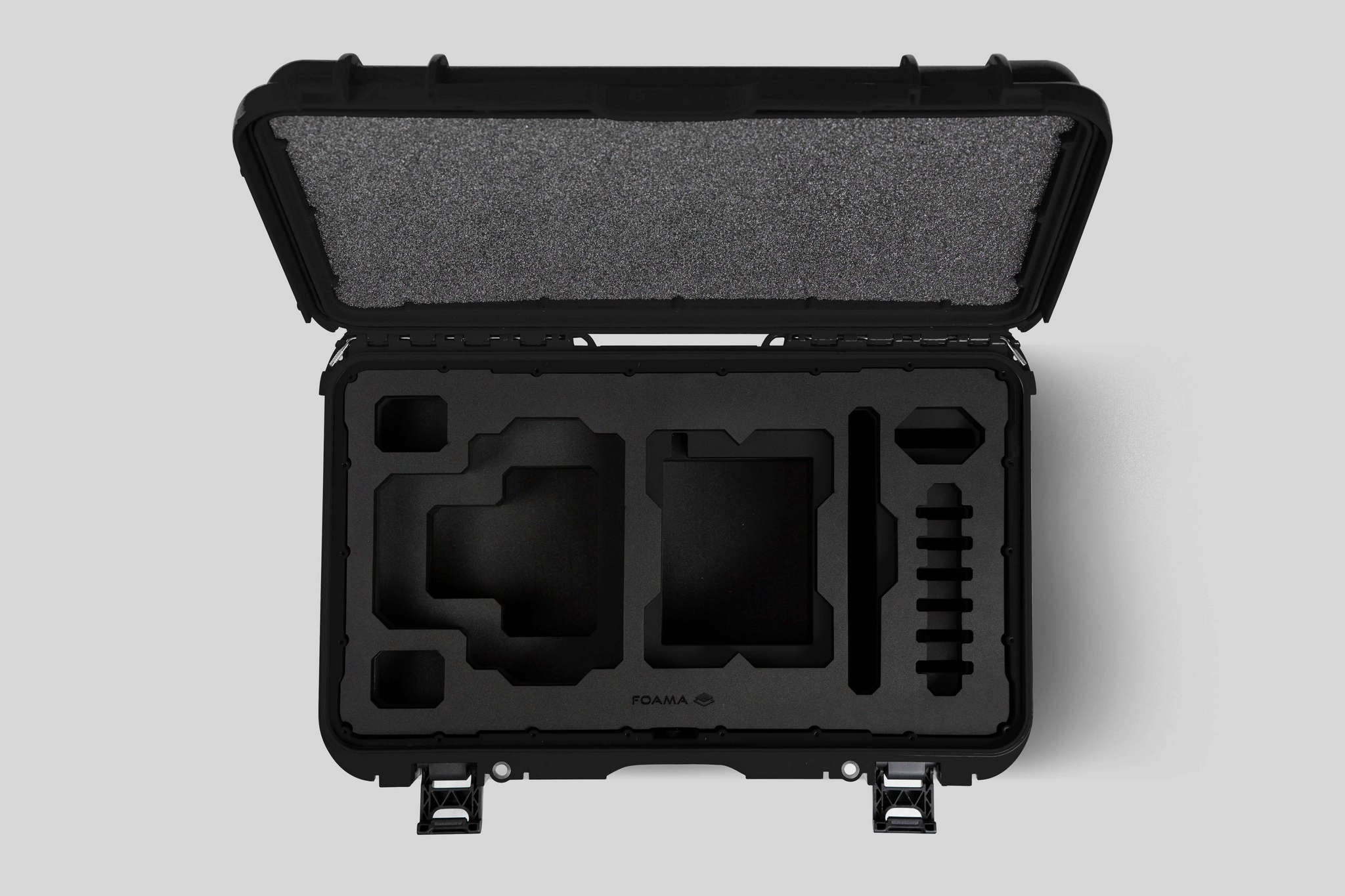 Top View of a Red Raptor-X Black Color Carry-on Case with Custom Black Foam Insert