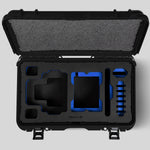 Top View of a Red Raptor-X Black Color Carry-on Case with Custom Blue Foam Insert