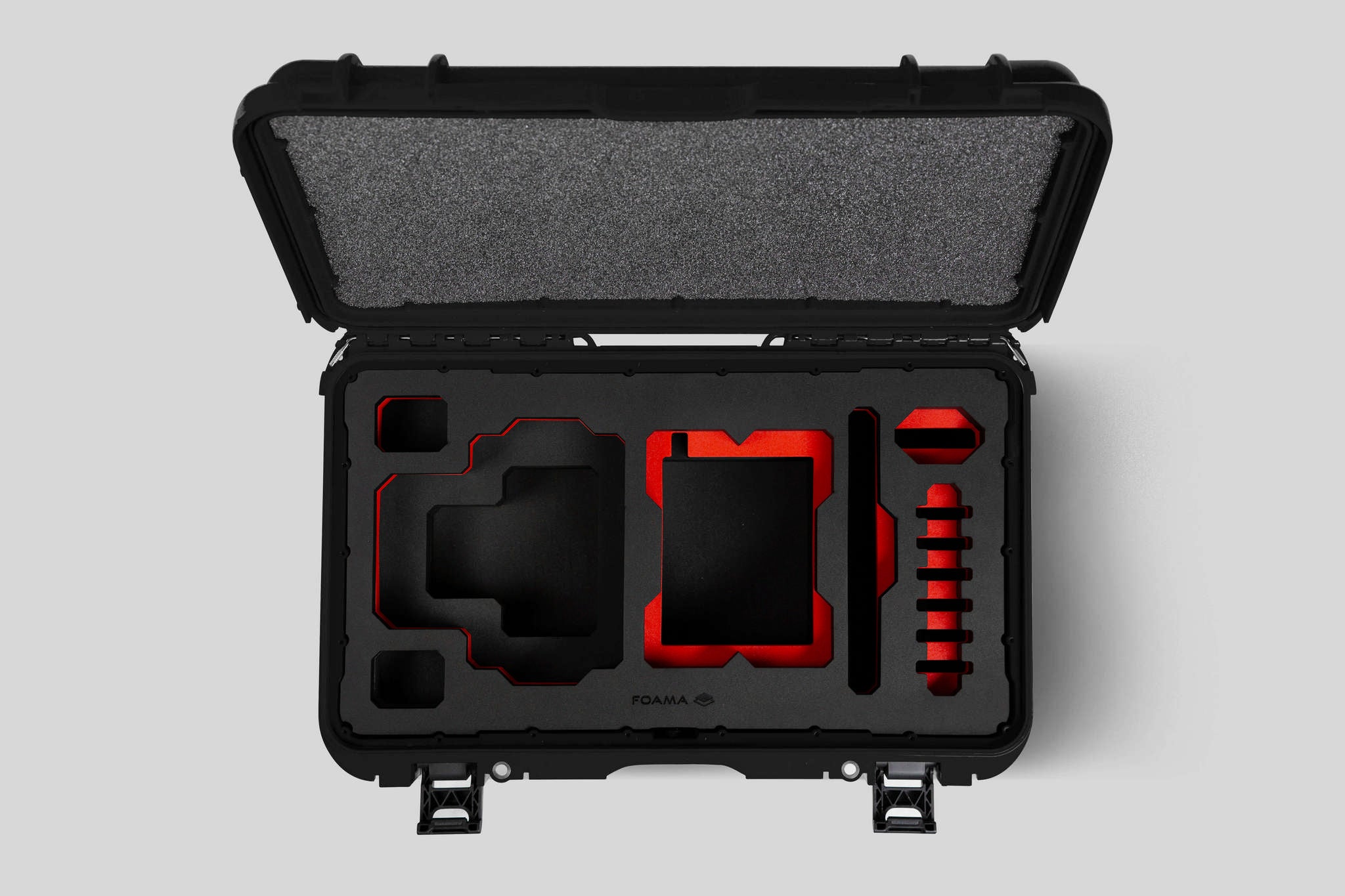 Top View of a Red Raptor-X Black Color Carry-on Case with Custom Red Foam Insert