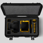 Top View of a Red Raptor-X Black Color Carry-on Case with Custom Yellow Foam Insert