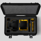 Top View of a Red Raptor-X Black Color Carry-on Case with Custom Yellow Foam Insert