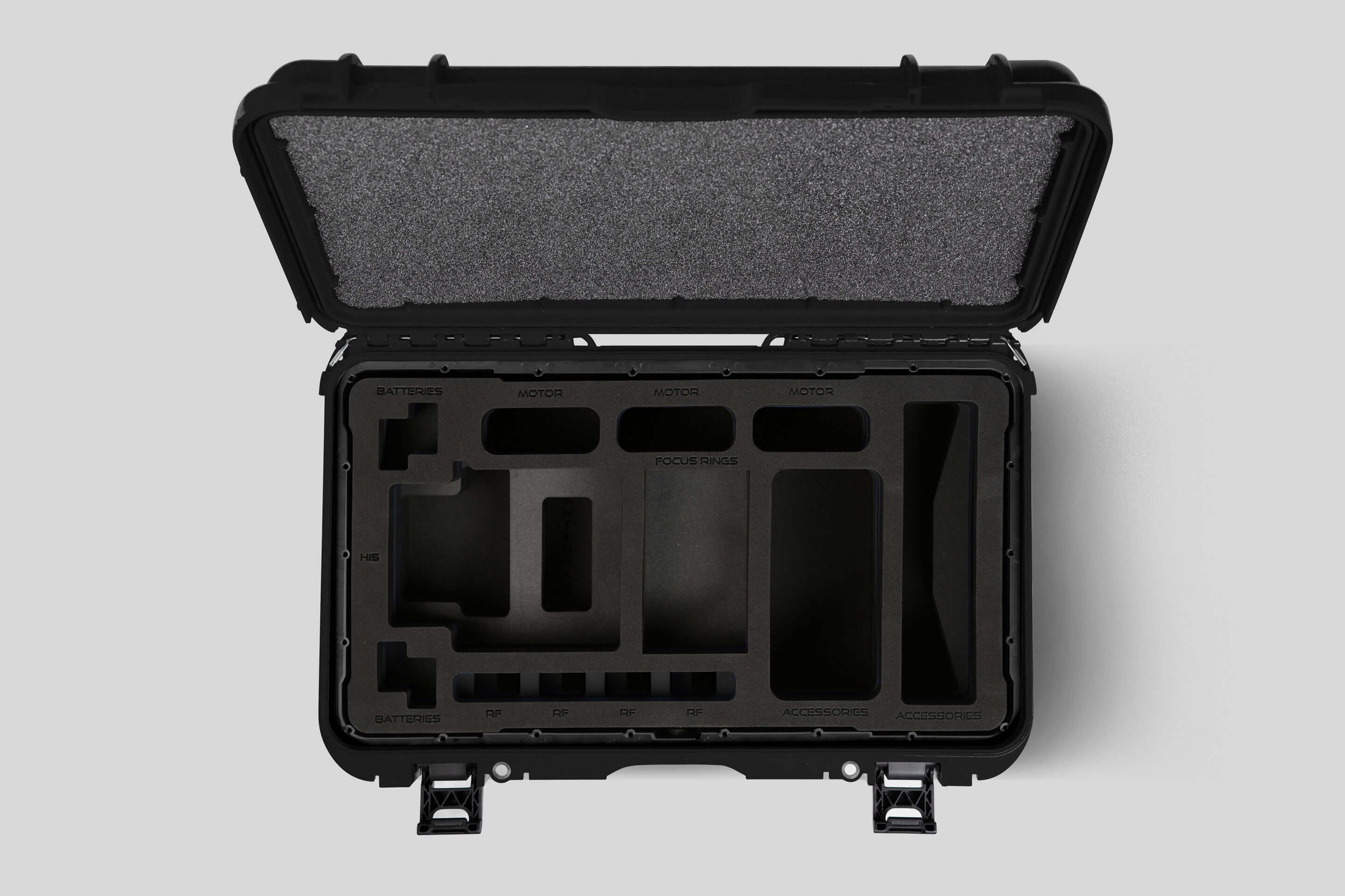 Top view of Foama Black Color Carry-on case and Custom Foam Insert for ARRI HI-5 or ARRI HI-5 SX