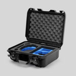 Angled View of a DJI Mini 3 & 4 Pro Black Color Hard Case with Custom Blue Foam Insert