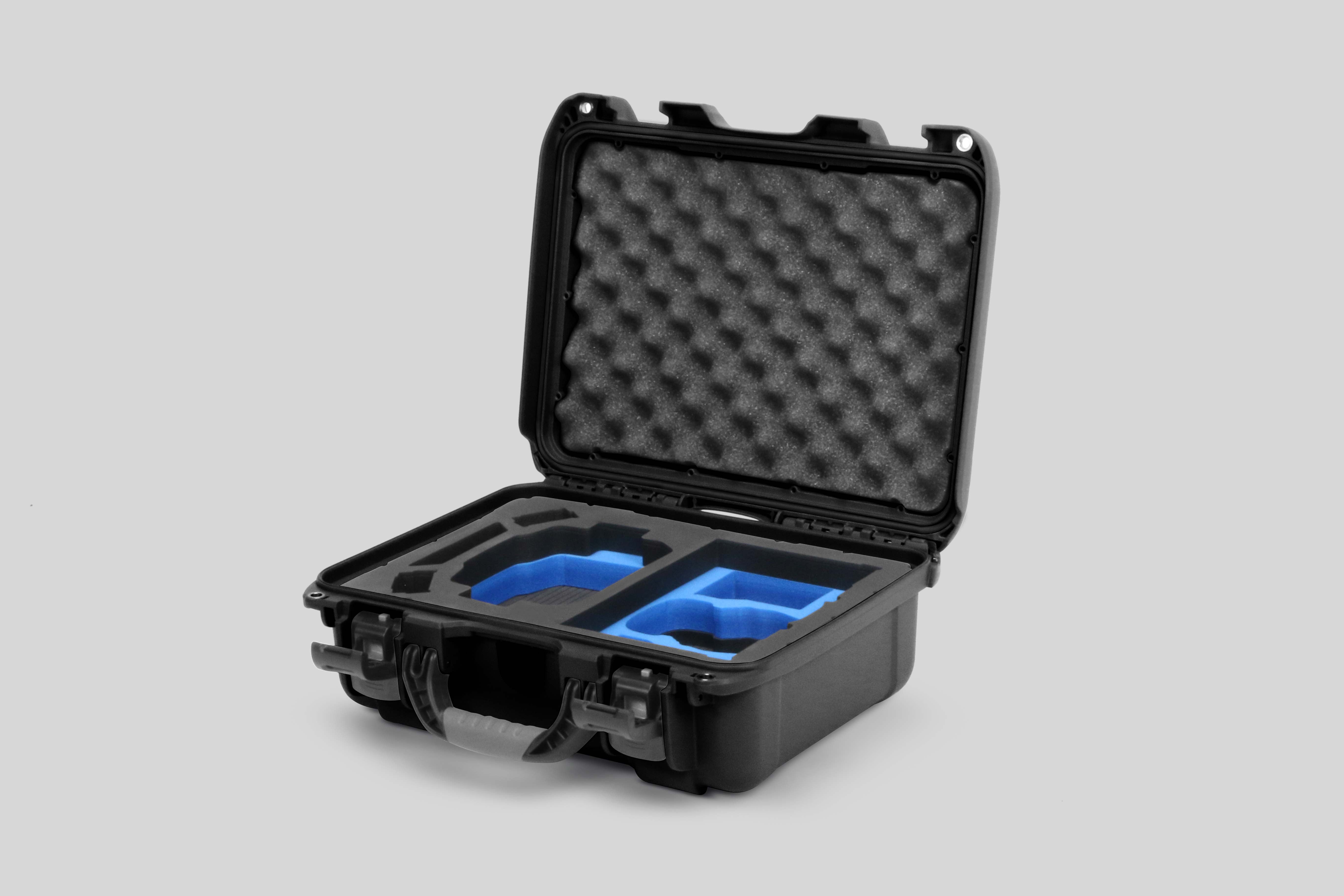 Angled View of a DJI Mini 3 & 4 Pro Black Color Hard Case with Custom Blue Foam Insert