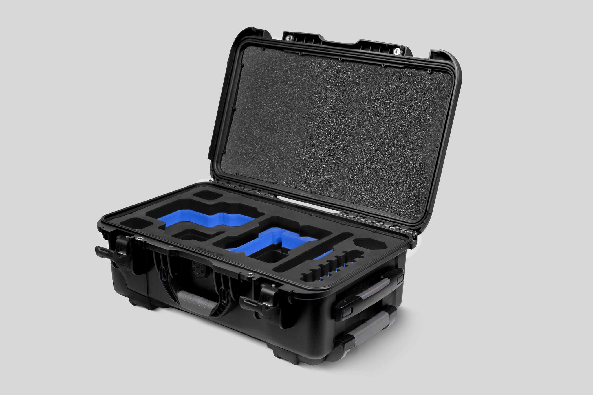 Angled View of a Red Raptor-X Black Color Carry-on Case with Custom Blue Foam Insert