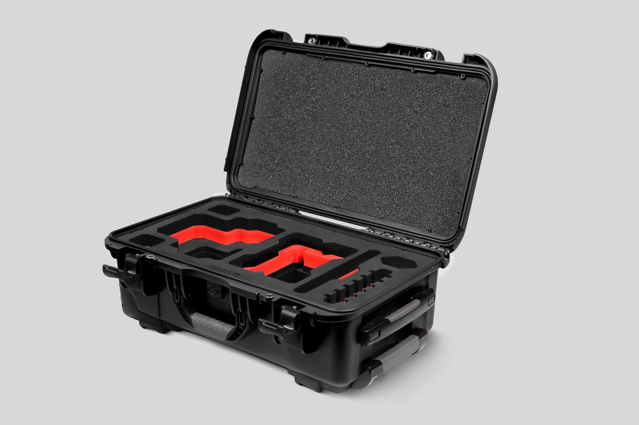 Angled View of a Red Raptor-X Black Color Carry-on Case with Custom Red Foam Insert