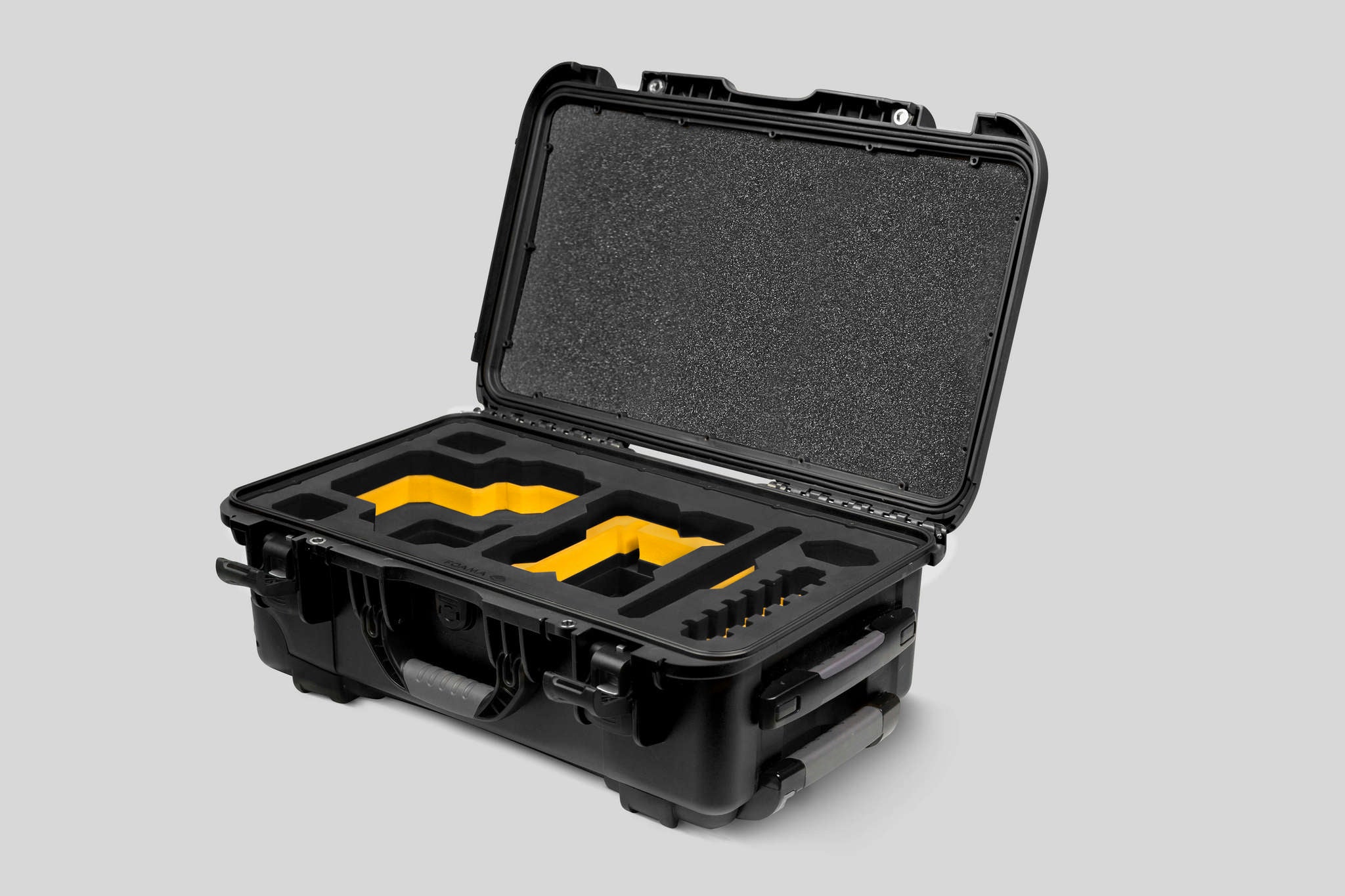 Angled View of a Red Raptor-X Black Color Carry-on Case with Custom Yellow Foam Insert