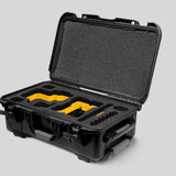 Angled View of a Red Raptor-X Black Color Carry-on Case with Custom Yellow Foam Insert