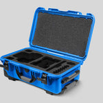 Angled View of a Red Raptor-X Blue Color Carry-on Case with Custom Black Foam Insert