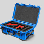 Angled View of a Red Raptor-X Blue Color Carry-on Case with Custom Red Foam Insert