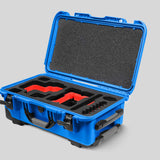 Angled View of a Red Raptor-X Blue Color Carry-on Case with Custom Red Foam Insert