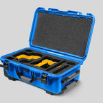 Angled View of a Red Raptor-X Blue Color Carry-on Case with Custom Yellow Foam Insert