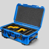 Angled View of a Red Raptor-X Blue Color Carry-on Case with Custom Yellow Foam Insert