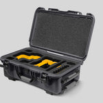 Angled View of a Red Raptor-X Graphite Color Carry-on Case with Custom Yellow Foam Insert