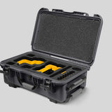 Angled View of a Red Raptor-X Graphite Color Carry-on Case with Custom Yellow Foam Insert