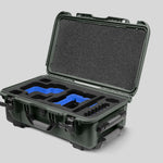 Angled View of a Red Raptor-X Olive Color Carry-on Case with Custom Blue Foam Insert