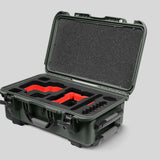 Angled View of a Red Raptor-X Olive Color Carry-on Case with Custom Red Foam Insert