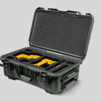 Angled View of a Red Raptor-X Olive Color Carry-on Case with Custom Yellow Foam Insert