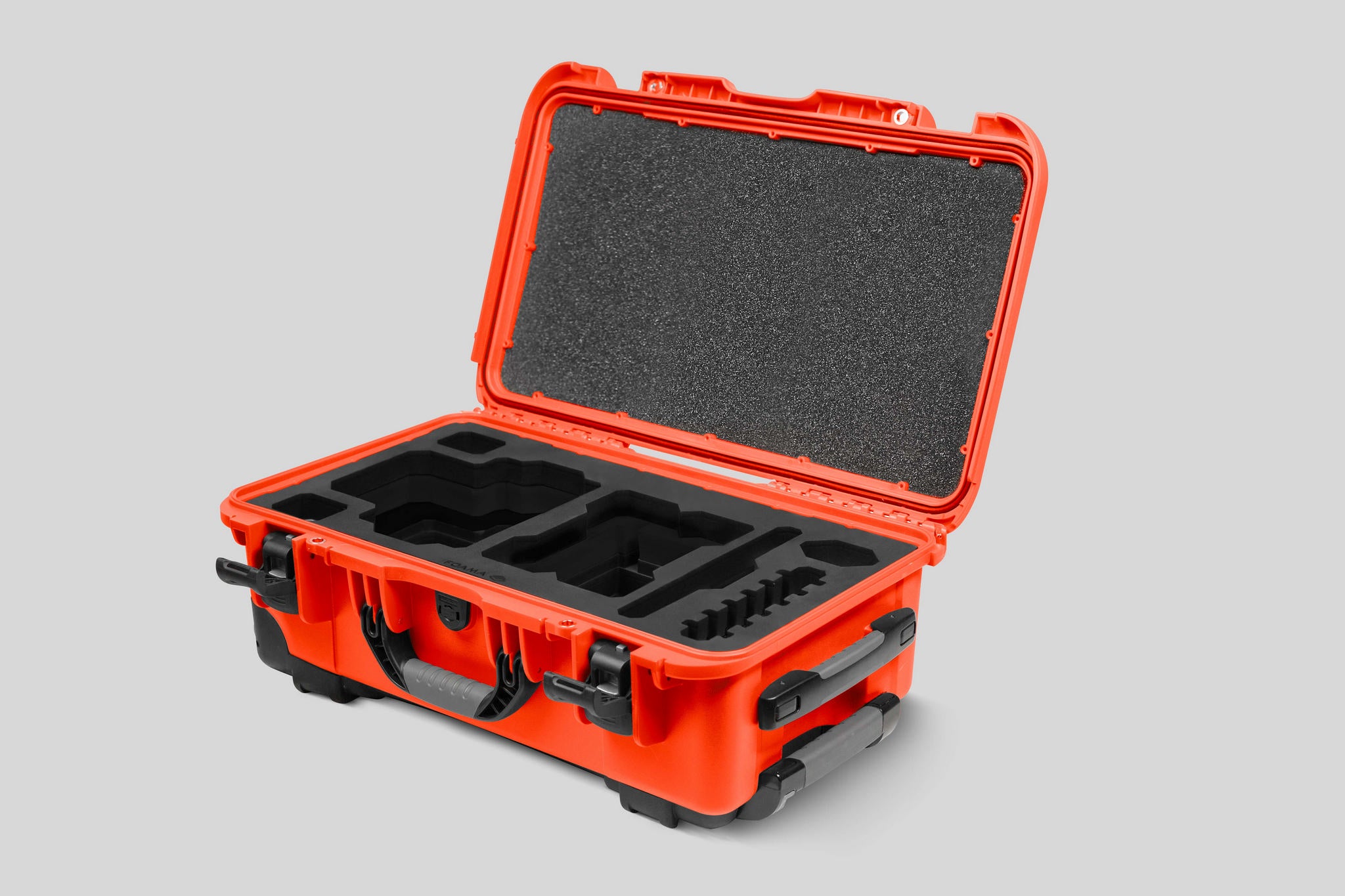 Angled View of a Red Raptor-X Orange Color Carry-on Case with Custom Black Foam Insert