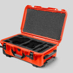 Angled View of a Red Raptor-X Orange Color Carry-on Case with Custom Black Foam Insert