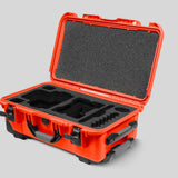 Angled View of a Red Raptor-X Orange Color Carry-on Case with Custom Black Foam Insert