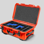 Angled View of a Red Raptor-X Orange Color Carry-on Case with Custom Blue Foam Insert