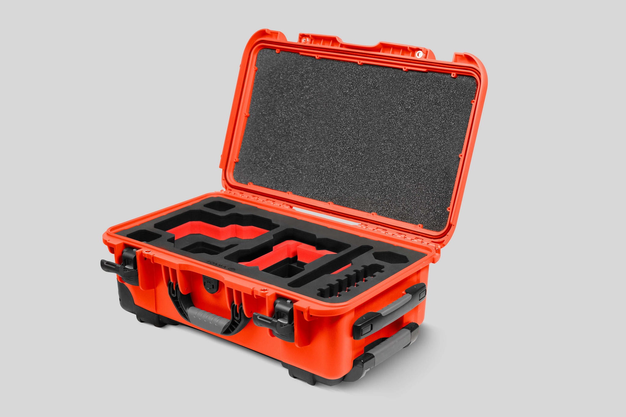 Angled View of a Red Raptor-X Orange Color Carry-on Case with Custom Red Foam Insert