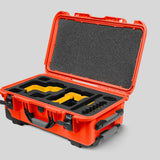 Angled View of a Red Raptor-X Orange Color Carry-on Case with Custom Yellow Foam Insert