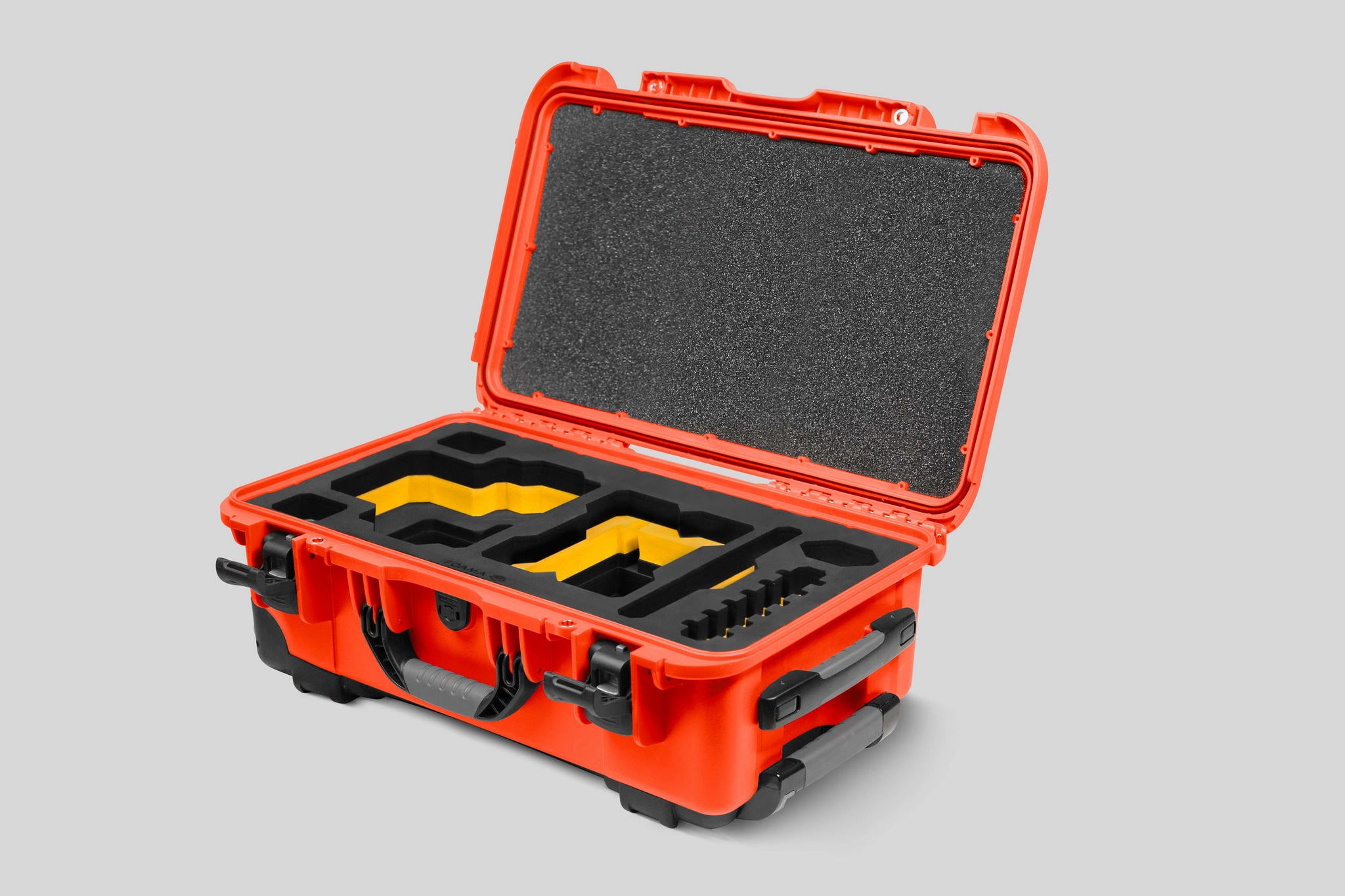 Angled View of a Red Raptor-X Orange Color Carry-on Case with Custom Yellow Foam Insert