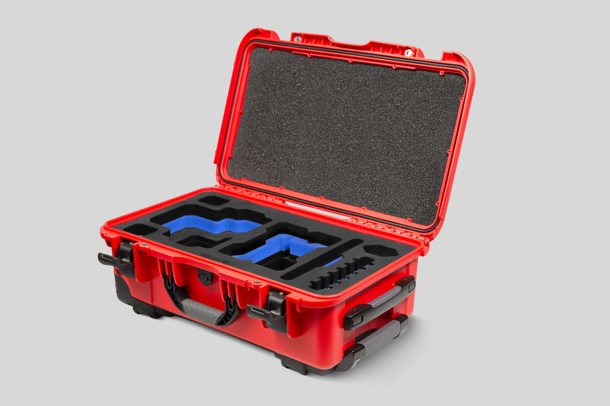 Angled View of a Red Raptor-X Red Color Carry-on Case with Custom Blue Foam Insert