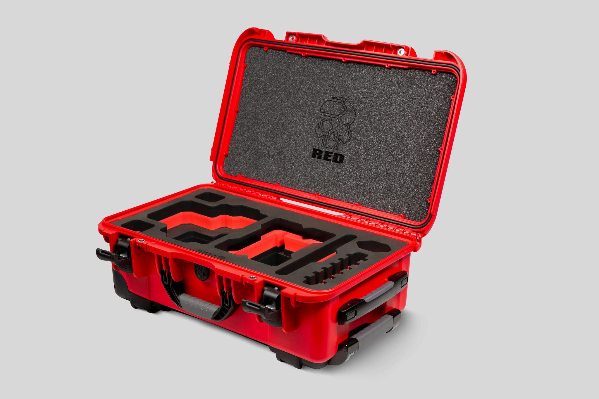 Angled View of a Red Raptor-X Red Color Carry-on Case with Custom Red Foam Insert