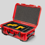 Angled View of a Red Raptor-X Red Color Carry-on Case with Custom Yellow Foam Insert