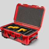 Angled View of a Red Raptor-X Red Color Carry-on Case with Custom Yellow Foam Insert