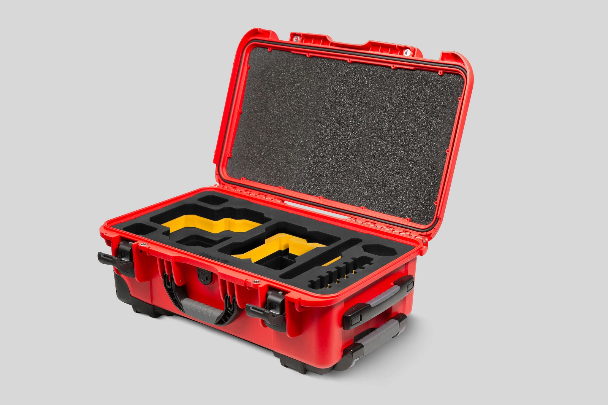 Angled View of a Red Raptor-X Red Color Carry-on Case with Custom Yellow Foam Insert