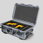 Angled View of a Red Raptor-X Silver Color Carry-on Case with Custom Yellow Foam Insert