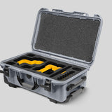 Angled View of a Red Raptor-X Silver Color Carry-on Case with Custom Yellow Foam Insert