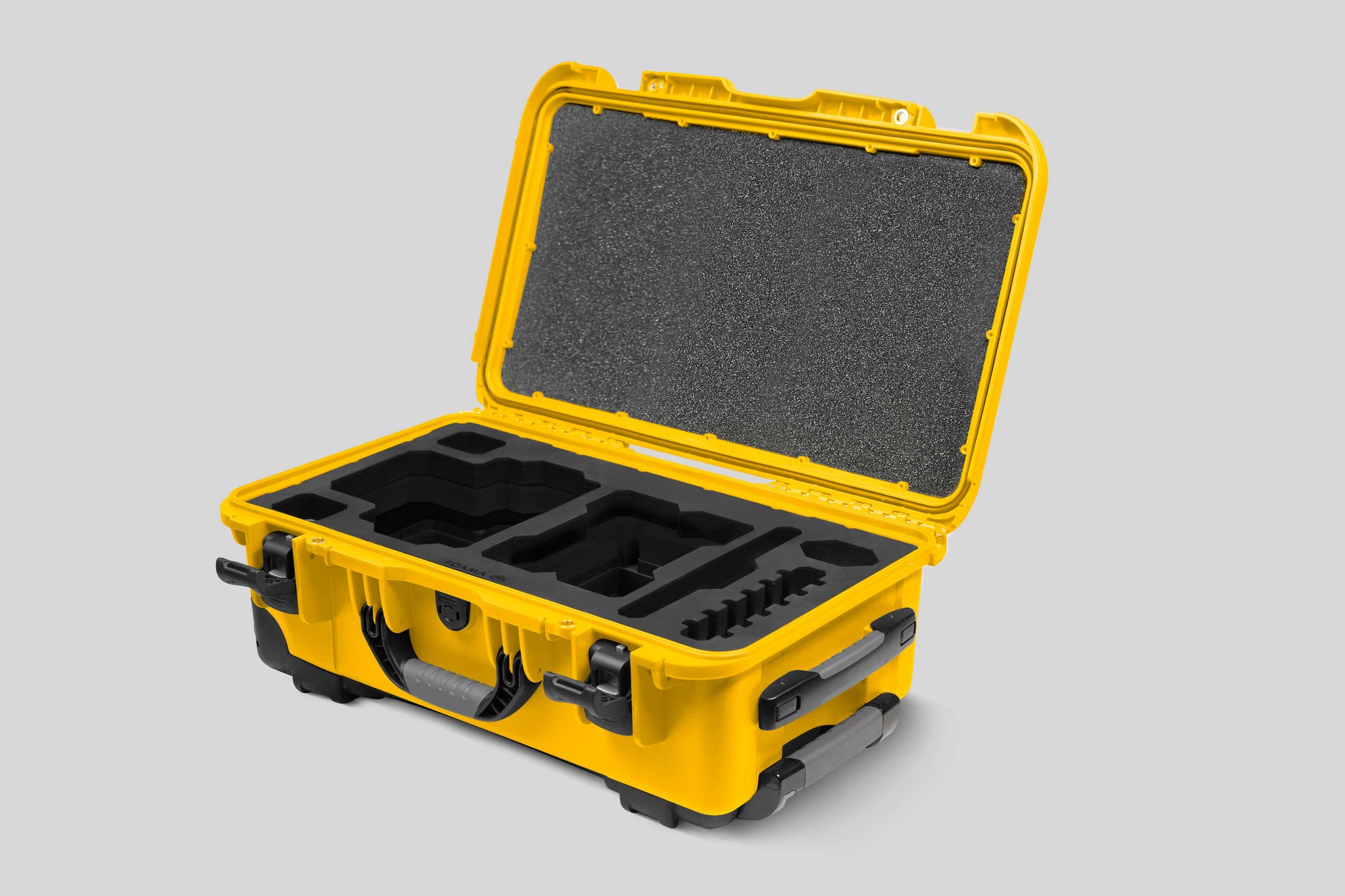 Angled View of a Red Raptor-X Yellow Color Carry-on Case with Custom Black Foam Insert