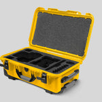 Angled View of a Red Raptor-X Yellow Color Carry-on Case with Custom Black Foam Insert