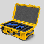 Angled View of a Red Raptor-X Yellow Color Carry-on Case with Custom Blue Foam Insert