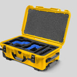 Angled View of a Red Raptor-X Yellow Color Carry-on Case with Custom Blue Foam Insert