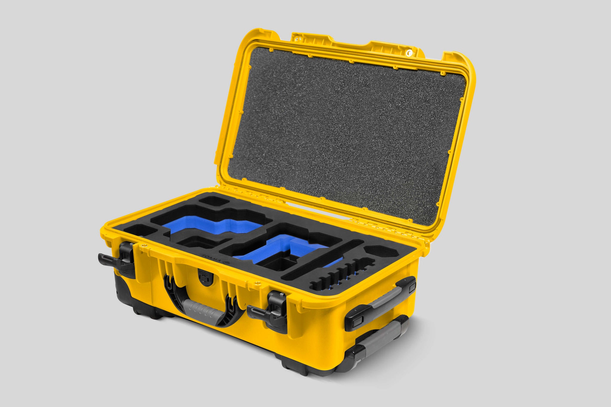 Angled View of a Red Raptor-X Yellow Color Carry-on Case with Custom Blue Foam Insert