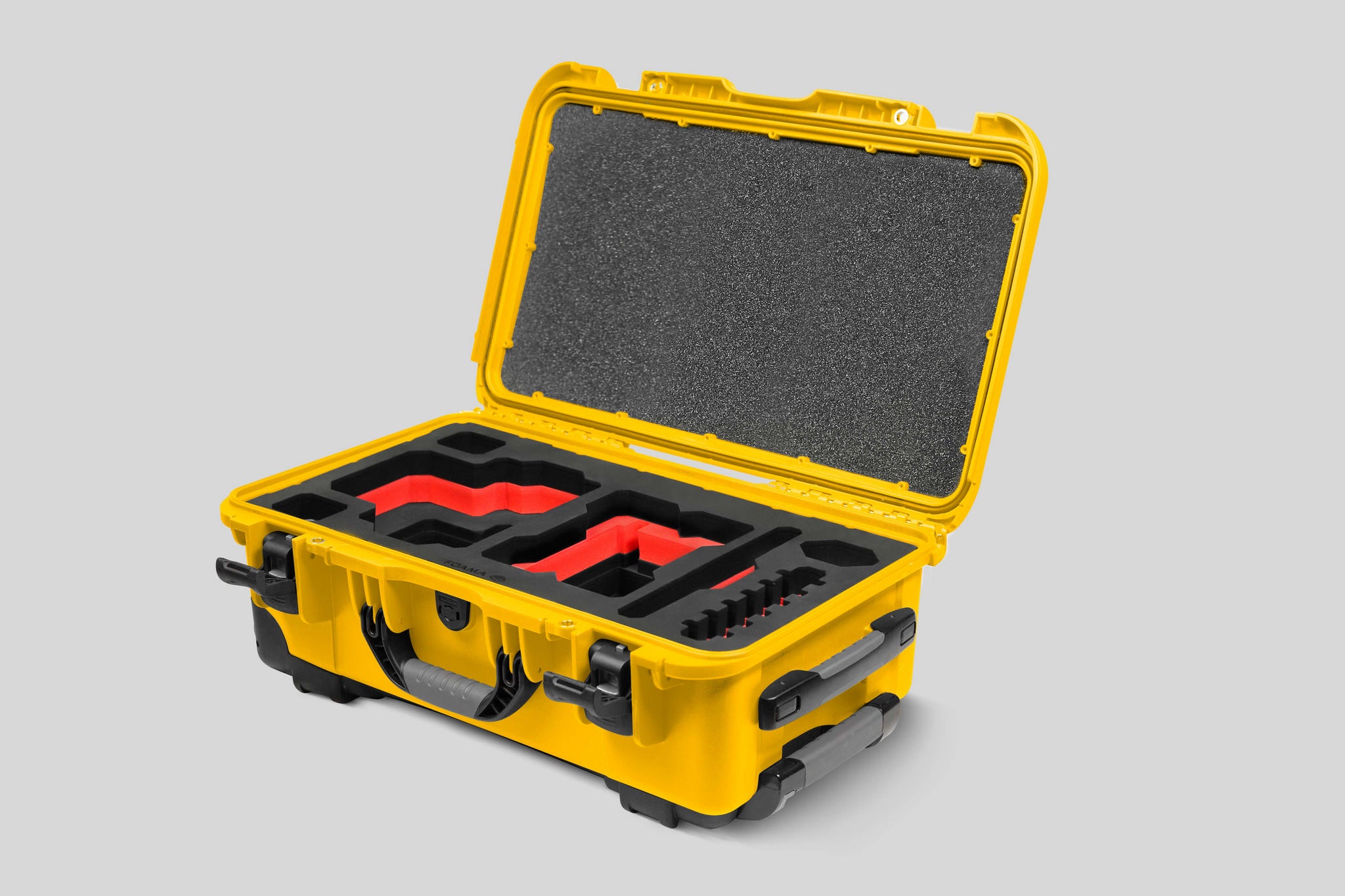 Angled View of a Red Raptor-X Yellow Color Carry-on Case with Custom Red Foam Insert