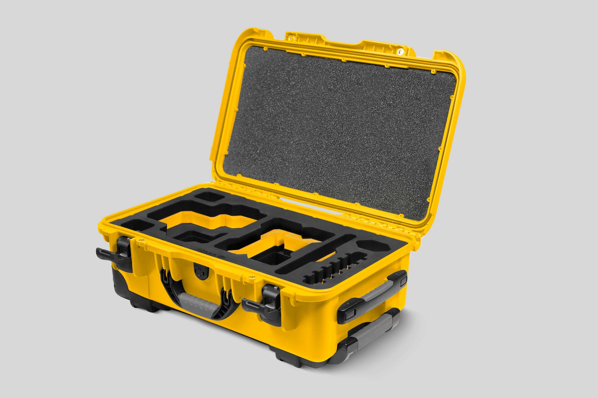 Angled View of a Red Raptor-X Yellow Color Carry-on Case with Custom Yellow Foam Insert