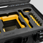 Close-up view 1 of a Red Raptor-X Black Color Carry-on Case with Custom Yellow Foam Insert